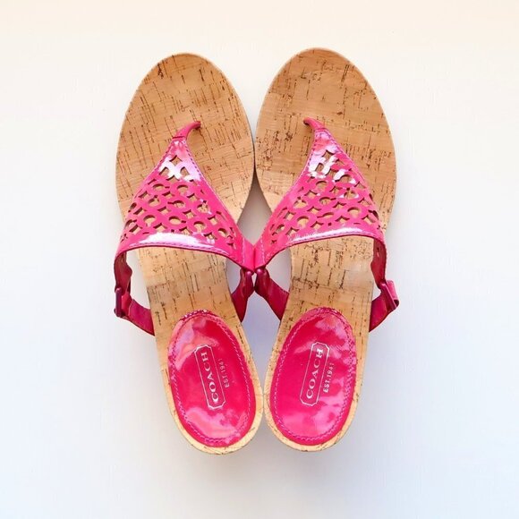 Coach Brookk Fuchsia Pink Patent Leather Thong Slip On Wedge Heel Mule Sandals - Picture 4 of 16